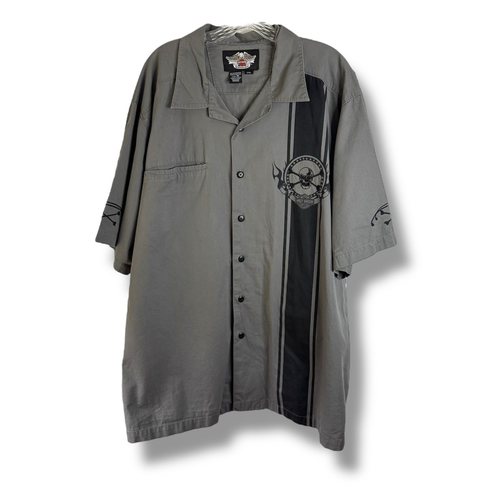 Harley-Davidson Short Sleeve Button skull and bones embroidery down shirt